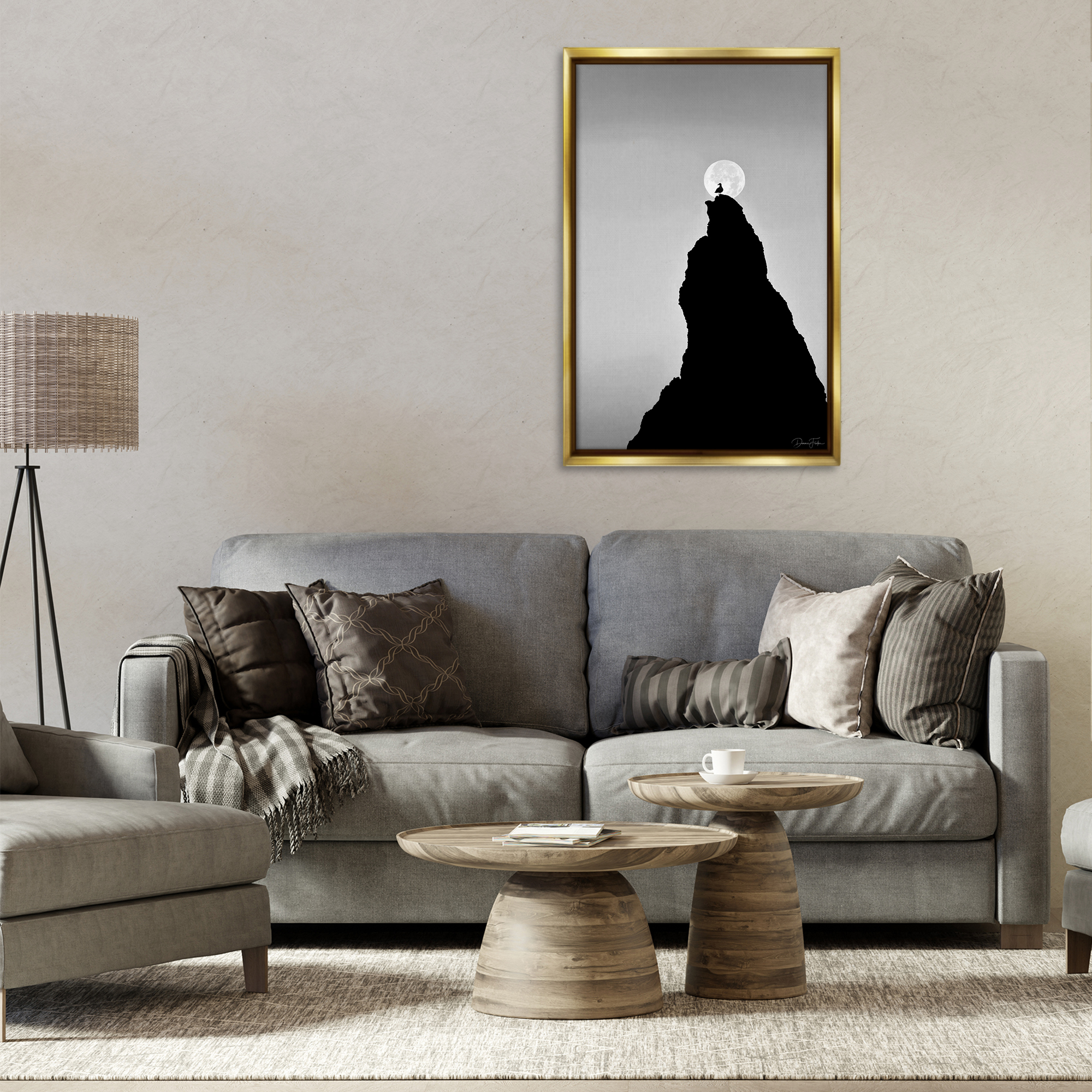 Stupell Industries Bird Silhouette on Peak Landscape Photography Gold Floater Framed Art Print Wall Art, 21 x 31