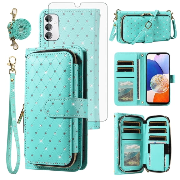 Compatible with Samsung Galaxy A14/M14 5G Wallet Phone Case Tempered Glass Screen Protector Bling Glitter Crossbody Lanyard Strap Flip Zipper Purse Card Holder Cell Cover for A 14 4G 14A Women Green