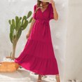 thumbnail image 4 of Ovzne Robes pour Femmes Robe Mode Été Décontractée Col en V Manches Courtes à Volants Robe Unie Grande Taille Robe Manches Courtes en Liquidation, 4 of 7