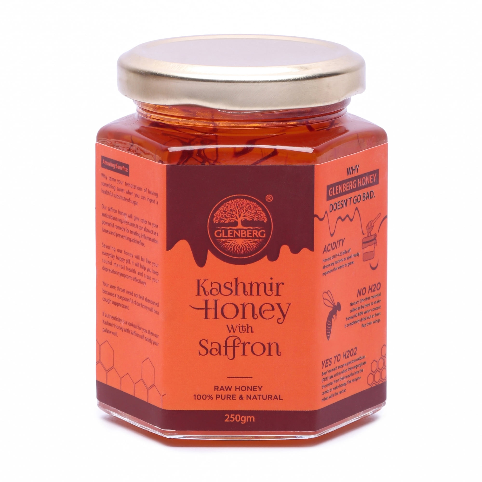 Glenberg Kashmiri Acacia Honey with Saffron, Wild, Unprocessed, Unheated, Non Pasteurized, Original Honey 100% Pure and Natural | 250 gram (Kashmiri Honey with Saffron)