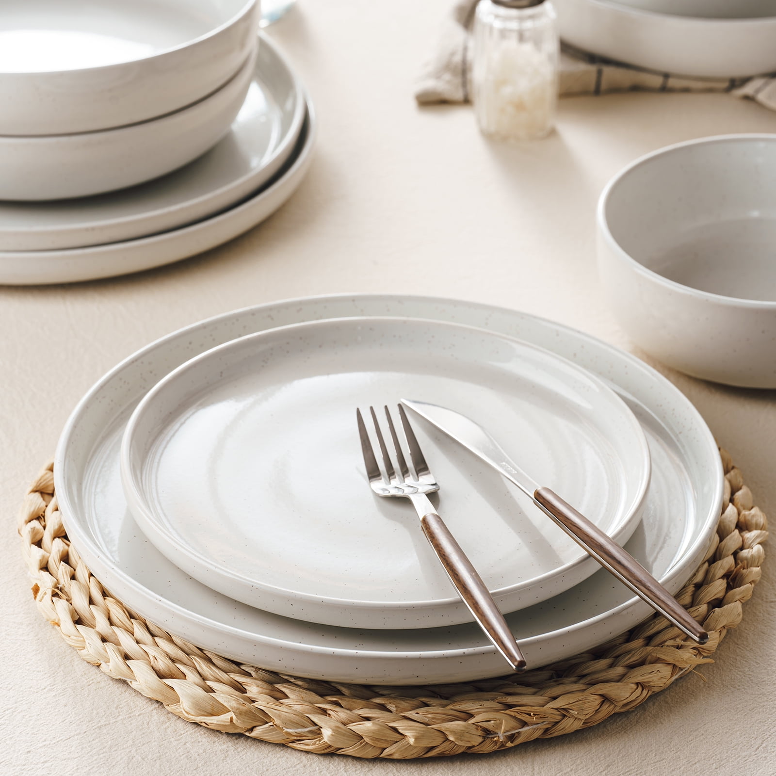 Famiware Plates and Bowls Set, 12 Piece Stoneware Dinnerware Sets, White