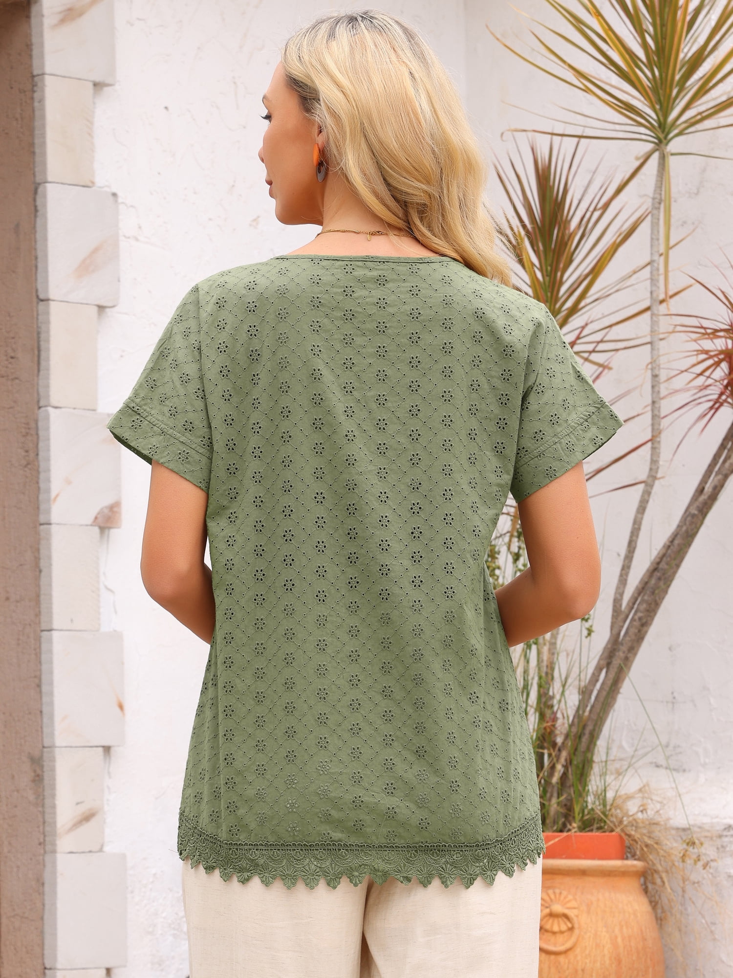 DARING DIVA Women's Eyelet Tops Short Sleeve Crewneck Contrast Lace Hem Blouses XL Green
