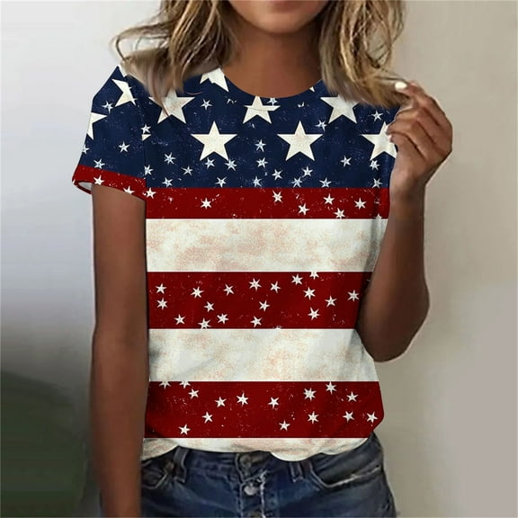 VKOYWKM 4th of July T Shirts for Women Patriotic American Flag Graphic Tshirts Short Sleeve Crew Neck USA Flag Patriotic Memorial Day Tee Independence Day Tops