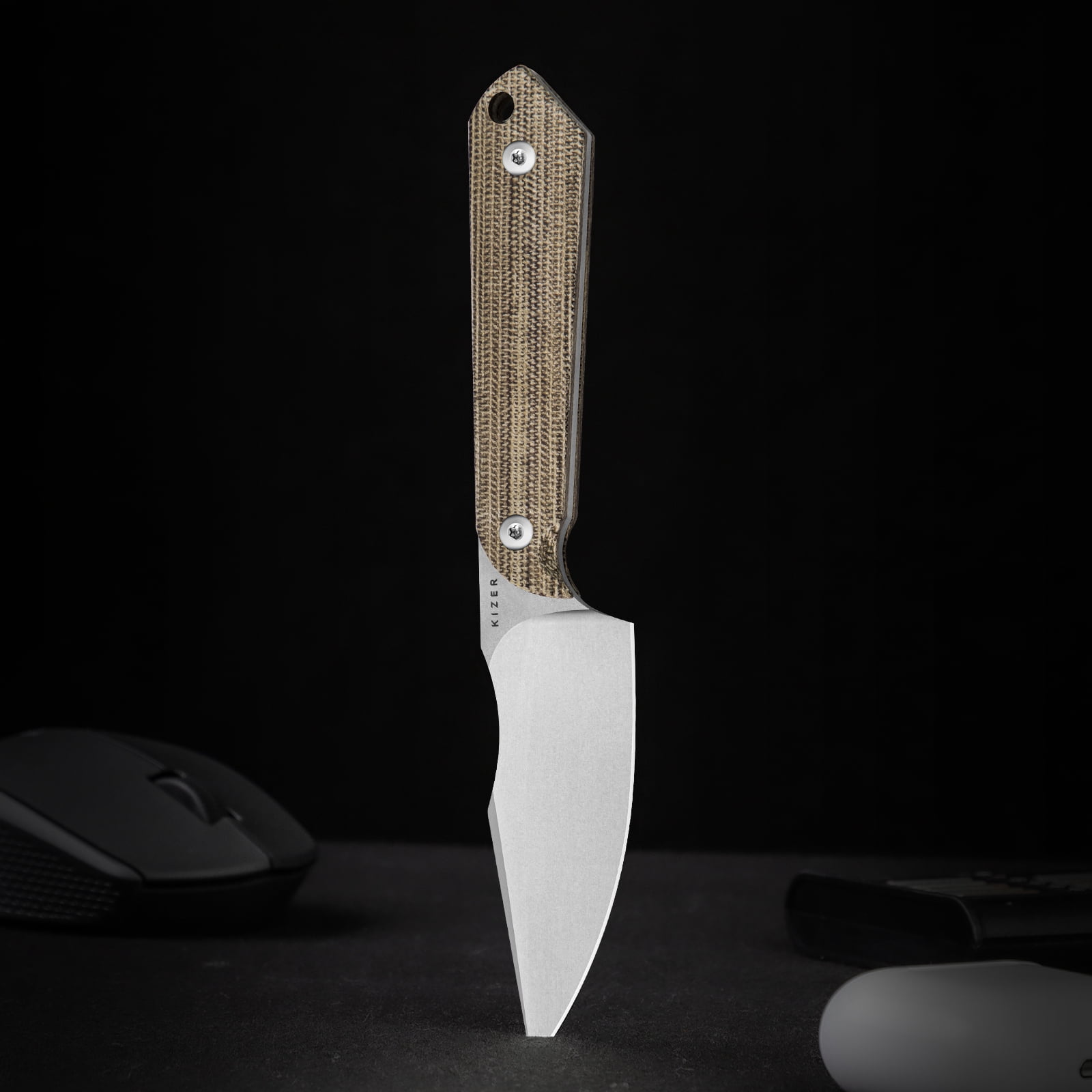 Kizer Mini Harpoon Fixed Blade Knife 3" AEB-L Blade Micarta Handle Pocket Tactical Knives 1040S7, Camping Hiking, Brown