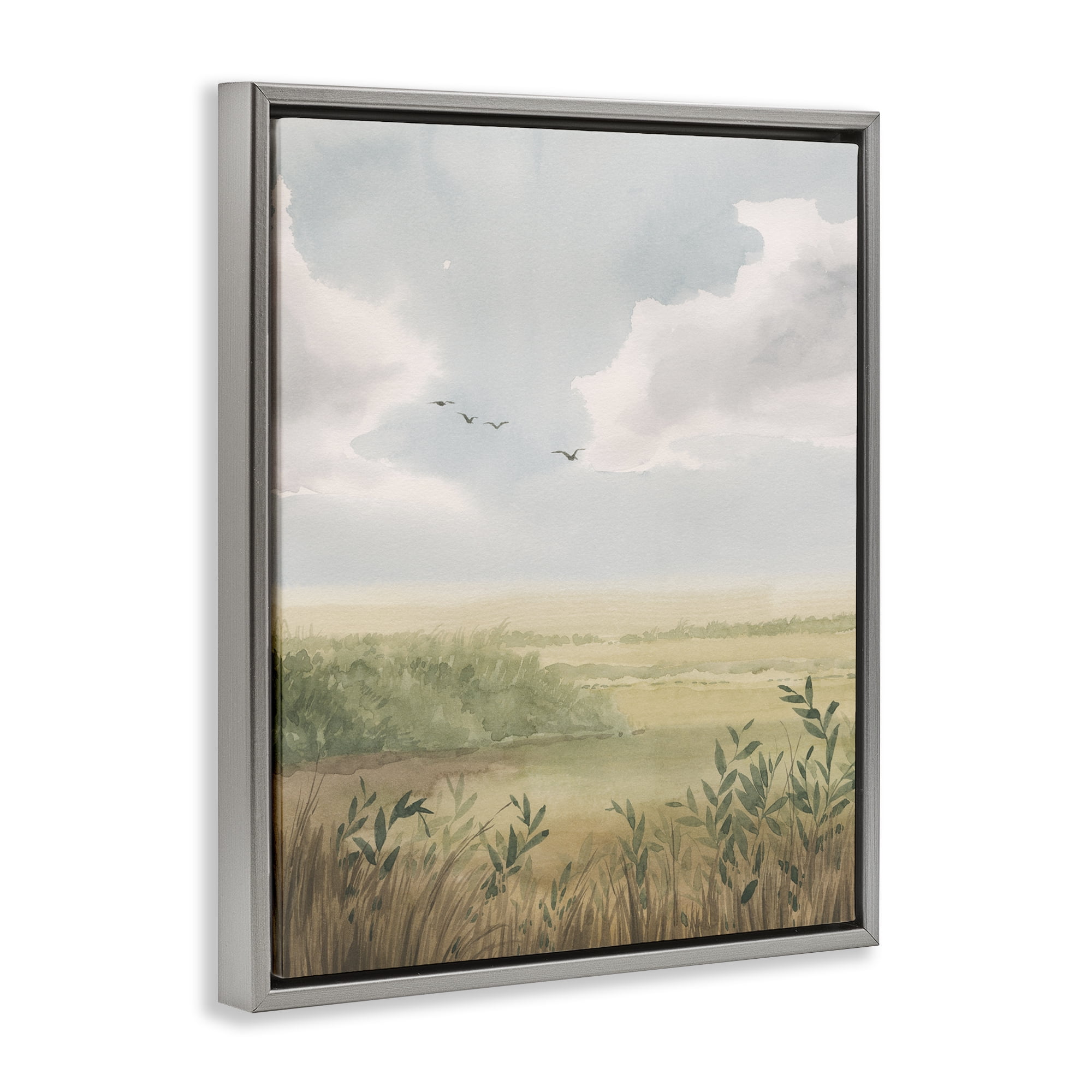 Stupell Industries Birds over Grasslands Landscape & Nature Painting Gray Floater Framed Canvas Art Print Wall Art, 17 x 21