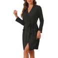 thumbnail image 4 of Bata de mujer Inspire Chic de punto acanalado, de longitud a la rodilla, bata de dormir corta elástica con bolsillos, talla XL, color negro, 4 of 5