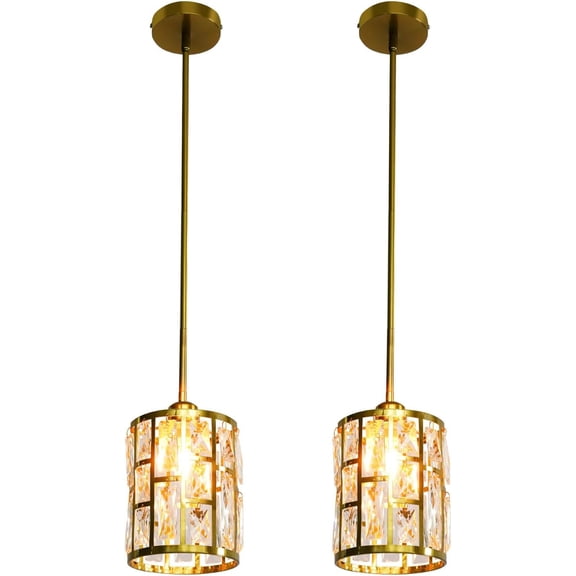 2 Pack Gold Crystal Shade Hanging Kitchen Island Modern Pendant Light, Adjustable Hanging Lamp Fixture for Dining Room, Bar, E26 Socket Dimmable