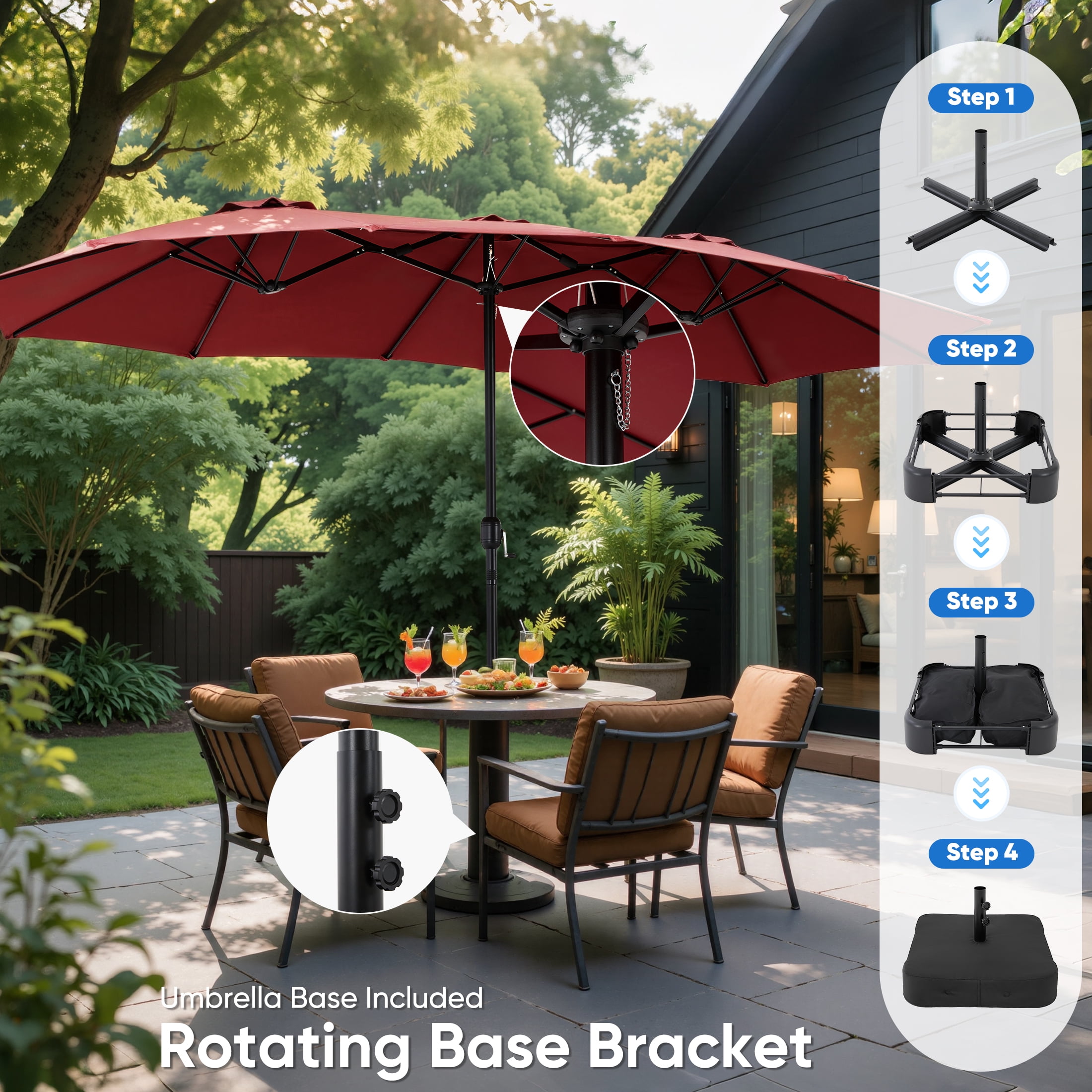 edx 15ft Patio Umbrellas (Base Included), Large Outdoor Double-Sided Rectangle Market Umbrella with Stand for Poolside, Lawn, and Backyard, Burgundy
