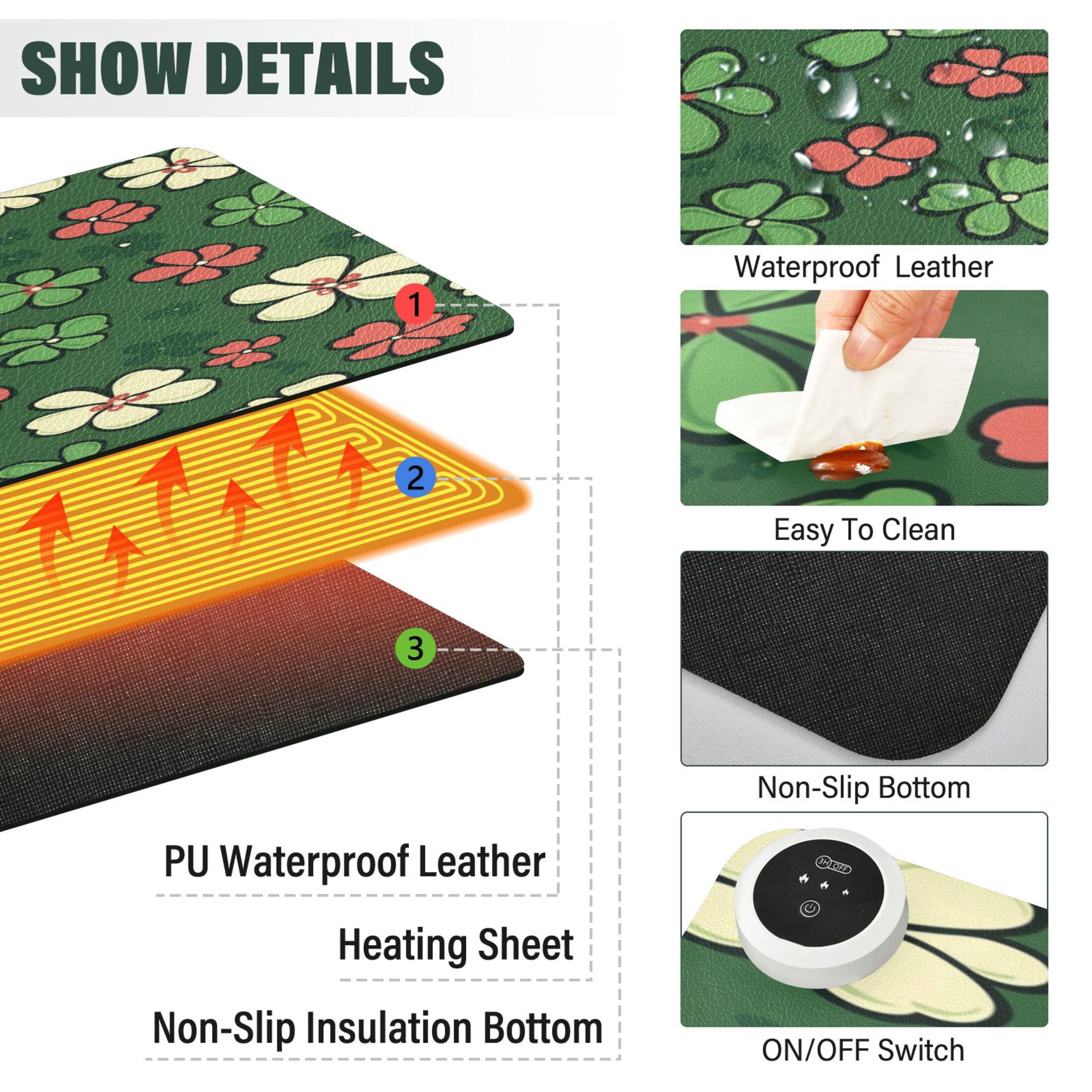 Wobogo Colorful Clovers Heated Mouse Pad Extra-Large Desk Mat With 3 Heating Levels and 3-hour Auto Shut-Off Protection Ideal for Computer Keyboards Home Office Hand-warming Essential 31.5in × 13in