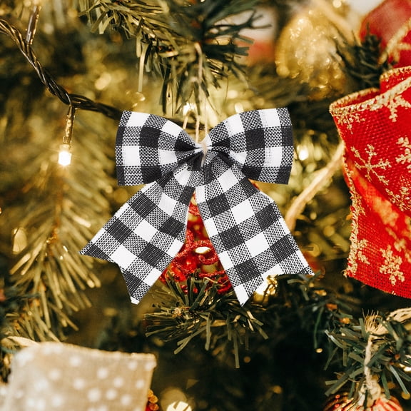 OUNONA 12-Pack Black and White Plaid Christmas Bow Ornaments for Holiday Decor, Party Decorations, and Home Festive Accents