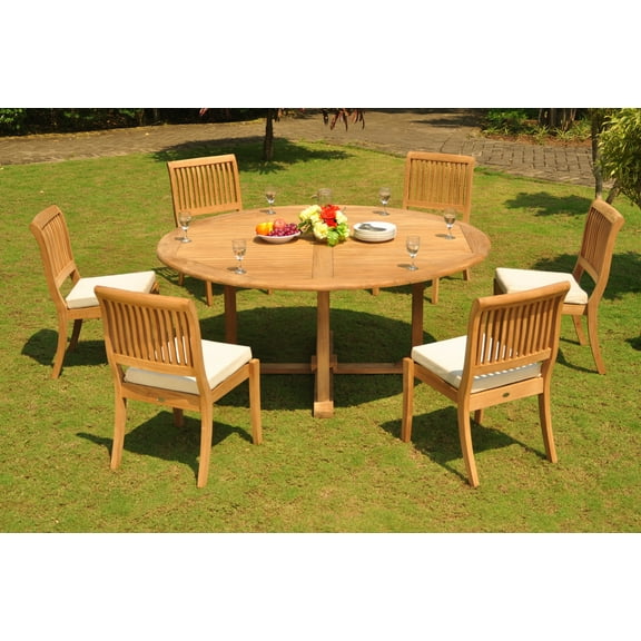Teak Dining Set: 6 Seater 7 Pc: 72" Round Dining Table And 6 Arbor Stacking Armless Chairs Outdoor Patio Grade-A Teak Wood WholesaleTeak #WMDSAB58