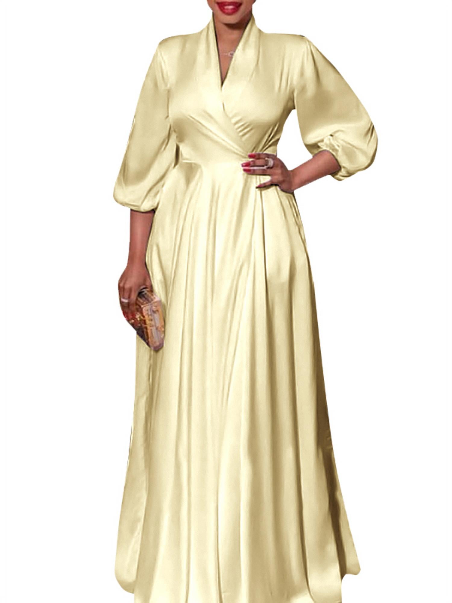 VONDA Women's Puff Sleeve V Neck Skill Satin Long Evening Dress Elegant ...