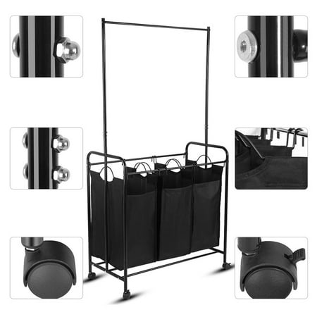 Laundry Room Accessories - EECOO 3-Bag Heavy-Duty Laundry Sorter Cart with Ironing Board Laundry Room Organizer with Casters with Clothes Rack,Black