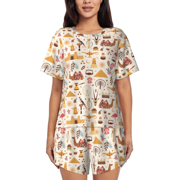 Balery UAE Travel1 Conjunto de Pijama para Mujer con Estampado, Dos Piezas de Manga Corta y Shorts, Ropa de Dormir Suave con Cuello Redondo y Bolsillos-4X-Large