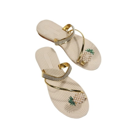 

Colisha Womens Flip Flops Summer Flat Sandals Rhinestone Fashion Slippers Seaside Casual Thong Sandal Comfort Slides Champagne Pineapple Decor 7.5