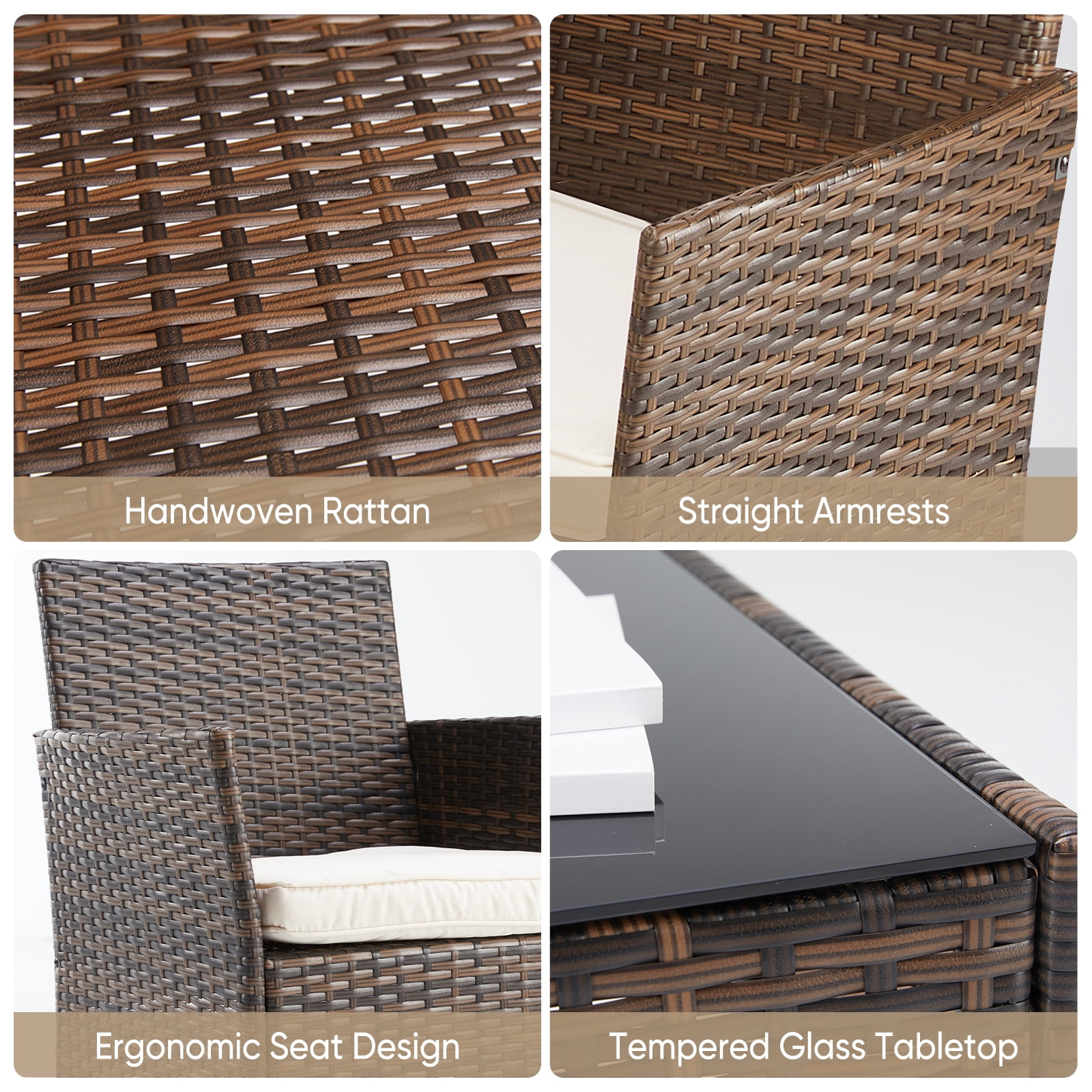 SHOUFTW 3-Piece Patio Furniture Set, Wicker Outdoor PE Rattan Furniture with Coffee Table & Washable Cushion, Compact Bistro Conversation Seating for Balcony, Garden, Poolside, Porch, Brown