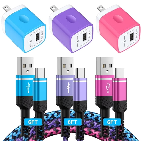 Usb Charger Block,Type C Charger Block Fast Charging AILKIN Wall Charger Adapter Plug 3PACK Android Charger Block Cord with 3PACK Usb A to Usb C Cable 6ft High Speed Phone Charger for Android Type C