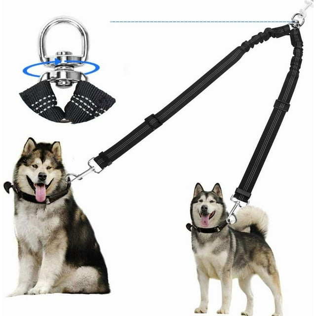 2 Dog Leash, No Tangle 360° Swivel Rotation Heavy Duty Dog Lead for 2 Dogs, Ajustable Bungee Reflective Dual Dog Leash