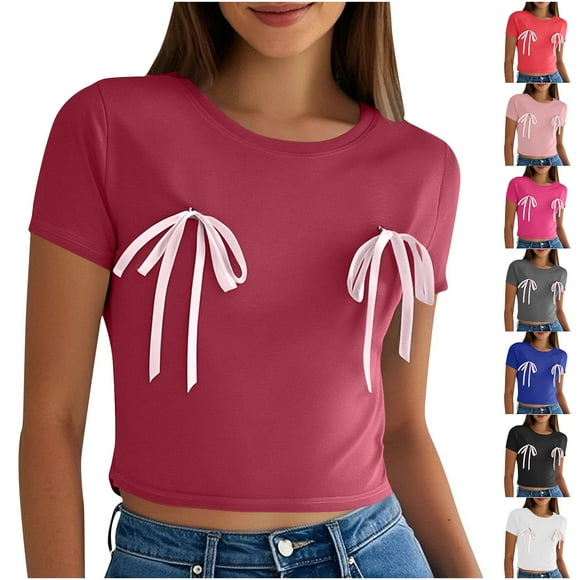 Wiyuqeen Y2K Crop Tops for Women with Bow Short Sleeve Crew Neck Summer T Shirts Solid Color Slim Fit Tee Shirts Funny Going Out T Shirts