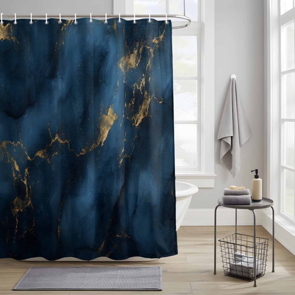 Bathroom Shower Curtain Navy Blue Stone with Gold Stripe Waterproof Shower Curtains with Hooks, Abstract Marble Texture Bath Curtains Bathtub Curtain Home Decor 36x72in