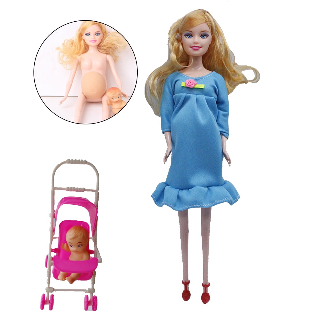 FunPa Pregnant Doll Have a Baby in Her Tummy Mom Doll Pregnant Mom Toy with Baby Doll Trolley Blue