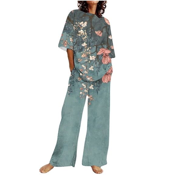 SnZhen Two Piece Sets for Women Summer Women's Solid Color Casual Short Sleeved Top With Pants And Round Neck Set