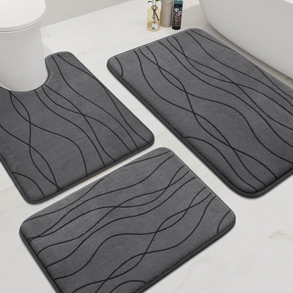 Juego de alfombras de baño YIHOUSE de espuma viscoelástica, 3 piezas, gris oscuro