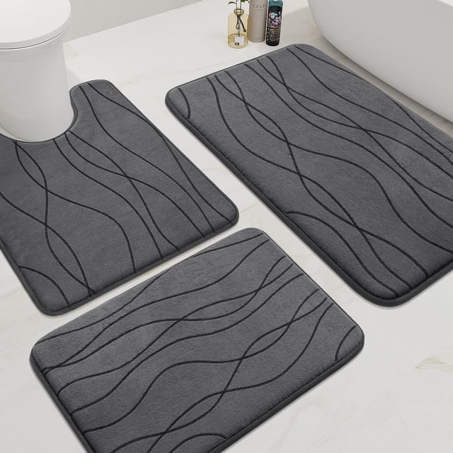 Juego de alfombras de baño YIHOUSE de espuma viscoelástica, 3 piezas, gris oscuro