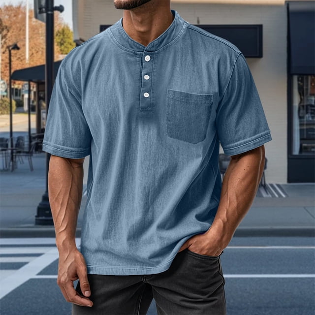 pstuiky Camisa de manga corta para hombre, Blusas/camisetas casuales de verano para hombre, de color liso y cuello redondo camisetas de hombre l