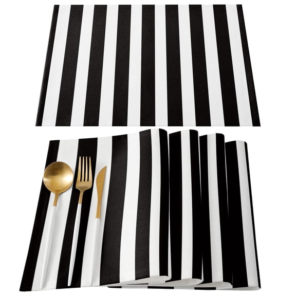 Black Striped Placemats Set of 6, Modern Farmhouse Black White Stripes Placemats for Dining Table, Place Mats for Kitchen Tabletop, Waterproof Wipeable Dining Table Mats Set