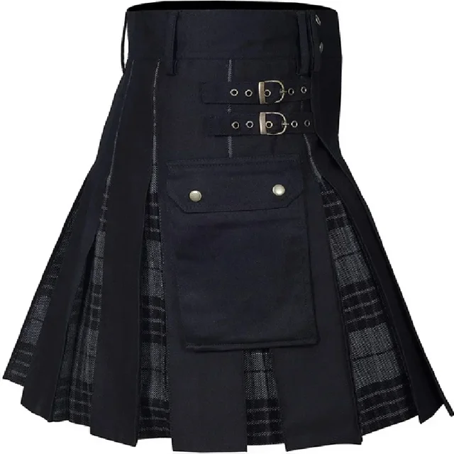 Men's Cotton Utility Kilt With Box Pleats Tartan Design Adjustable Waist Deep Pockets