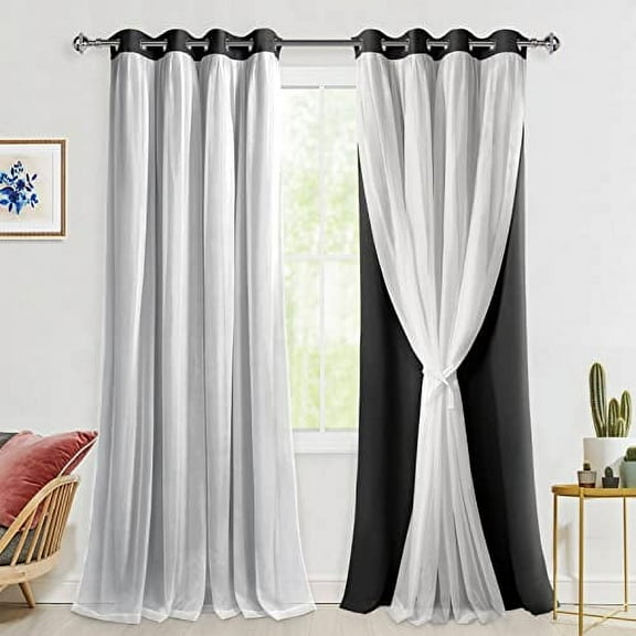 Hiasan Mix & Match Black Blackout Curtains with Sheer Overlay, Double Layer Thermal Insulated Room Darkening Curtains for Bedroom, Living Room, 2 Window Curtain Panels with Tiebacks, 52W X 120L