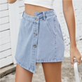 thumbnail image 4 of Pantalones cortos de mezclilla asimétricos casuales con falda pantalón de mezclilla de talle alto con botones delanteros for mujer, 4 of 7