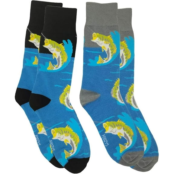 Foozys Men’s Fun Crazy Cool Sports Themed Novelty Crew Socks | 2 Pairs Included in Two Colors (Bass Fishing)…