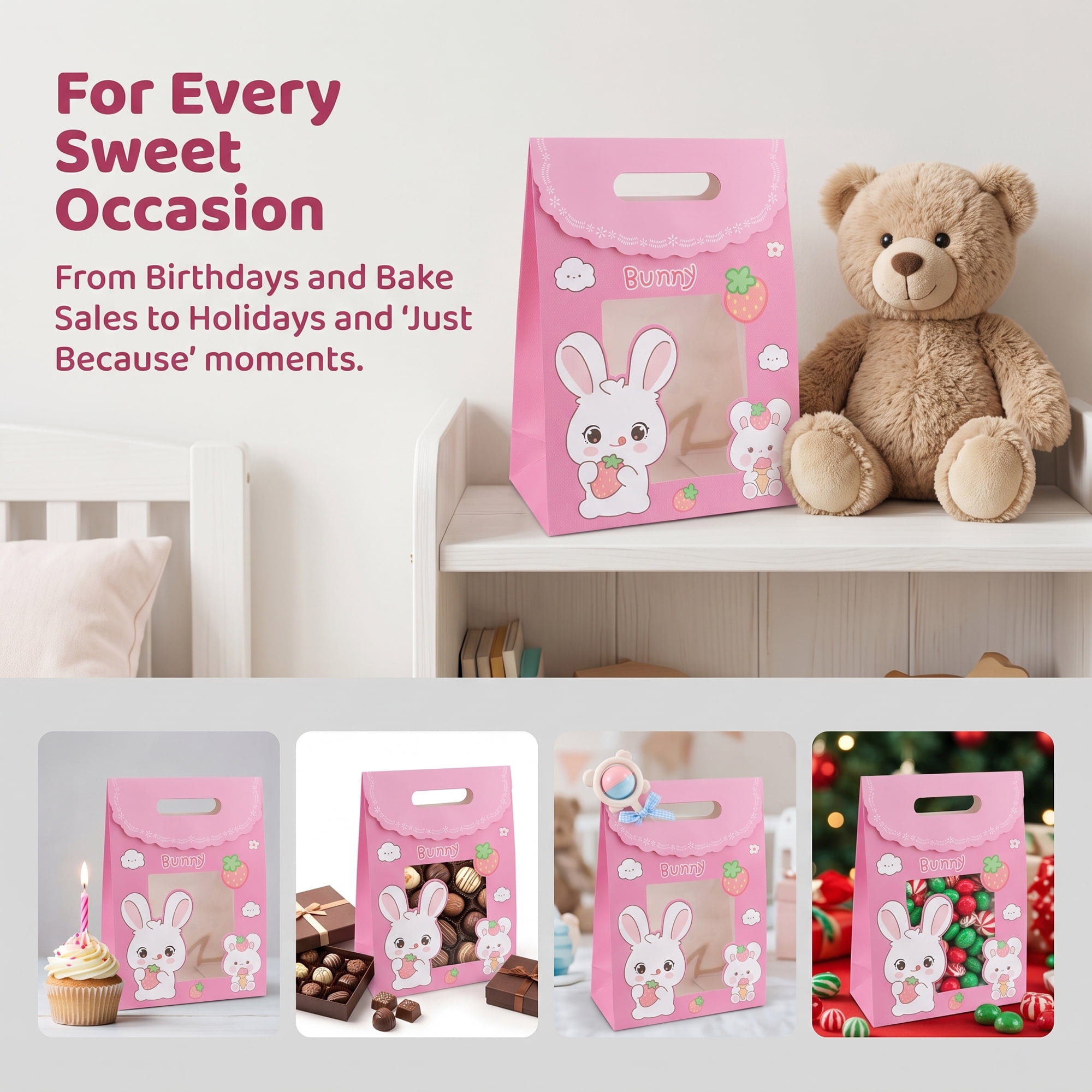 Unique Bargains Stylish Gift Bags with Comfortable Handles Pink Rabbit 5.9" x 2.8" x 8.3"