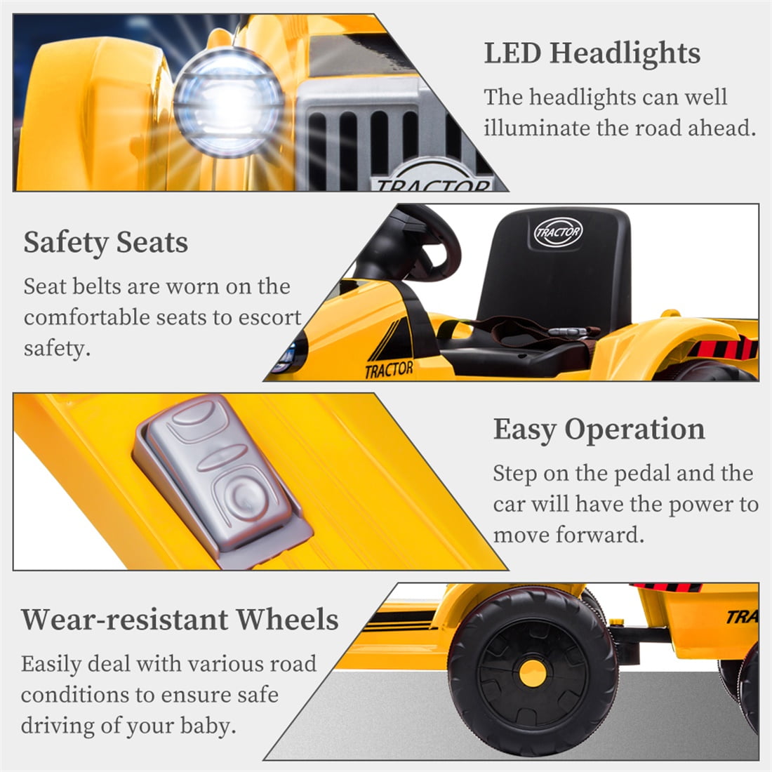 Private Jungle Ride on Tractor, Battery-Powered Toy Tractor with Trailer, 3-Gear-Shift Ground Loader Ride On with LED Lights and USB&Bluetooth, Yellow, Unisex
