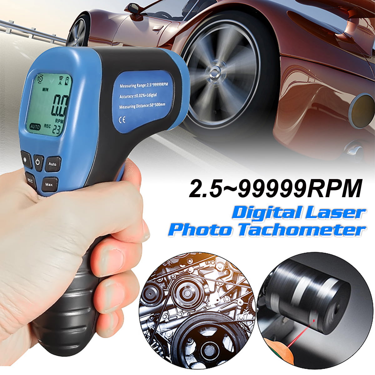 Digital Tachometer Laser Photo Gun RPM Non-Contact Tach Tester Meter Speed Gauge 