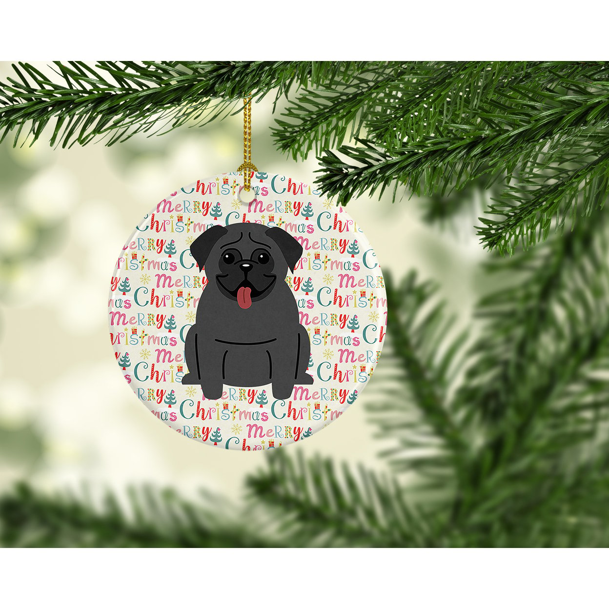 Merry Christmas Pug Black Ceramic Ornament 2.8 in x 2.8 in