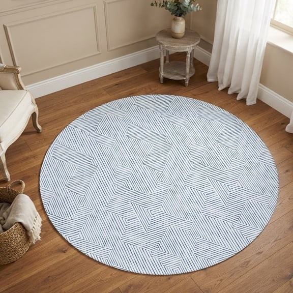 Blue Linear Mazes Lines 3FT Round Area Rug Modern Abstract Geometric Minimalist Stripes Small Round Rugs Non-Slip, Ultra-Thin Washable Rug Low Pile Circle Carpet for Bedroom Kitchen Nursery