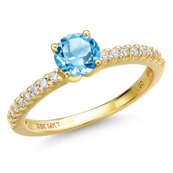 Gem Stone King 14K Yellow Gold Swiss Blue Topaz and Lab Grown Diamond Engagement Ring for Women | 0.81 Cttw | Round 5MM | Gemstone November Birthstone | Size 9