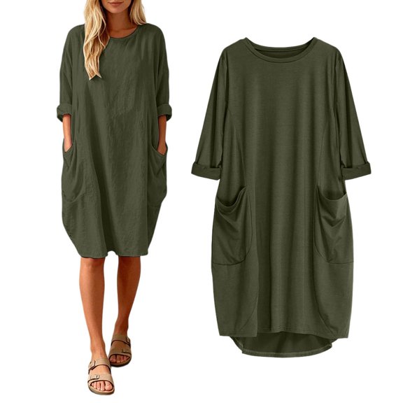 Oversized Baggy Midi Dress for Women Crew Neck Casual Loose Summer Dress with Pockets Basic Ladies Gown Knee Length Sundress