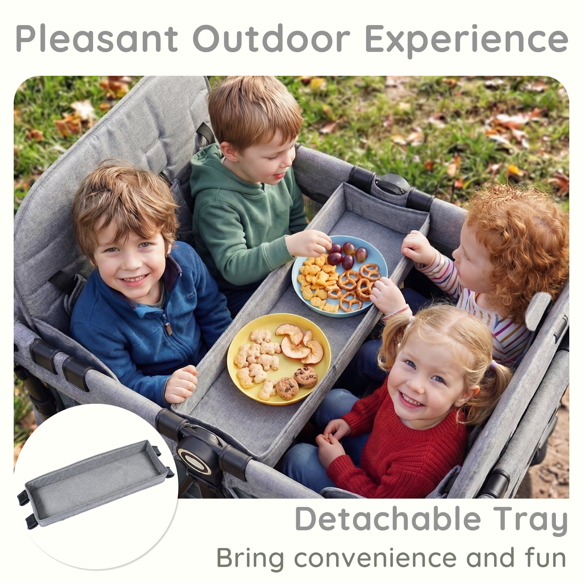 LINLUX Wagon Stroller for 4 Kids, Stroller Wagon 4 Seats w/Adjustable Handle, Detachable Tray, Black & Gray
