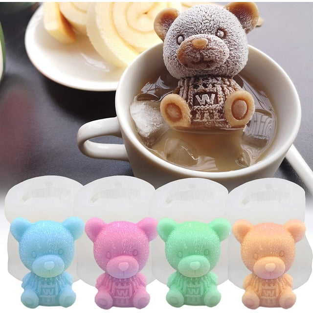 Juego de 4 moldes de cubitos de hielo de silicona de oso para hacer lindos cócteles de jugo de café helado en 3D, adecuados para la decoración de pasteles de fiesta de Navidad. Molde de vela de jabón JAMW Sencillez