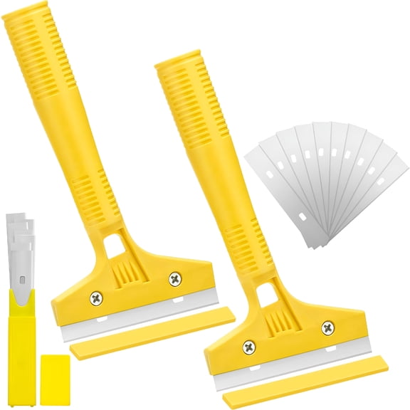 FACEGA 4 Inch Razor Blade Tile Scraper Floor Wall Scraper Razor Blade Scraper with 10 Pieces Replacement Razor Blades for Removing Wallpaper,Sticker Glue Paint Floor Adhesive 2 Pieces (Yellow)