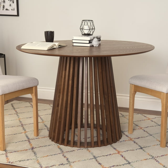 CorLiving Elowen Round Engineered Wood Slatted Pedestal Base Dining Table for Up To 4 People, Walnut Brown