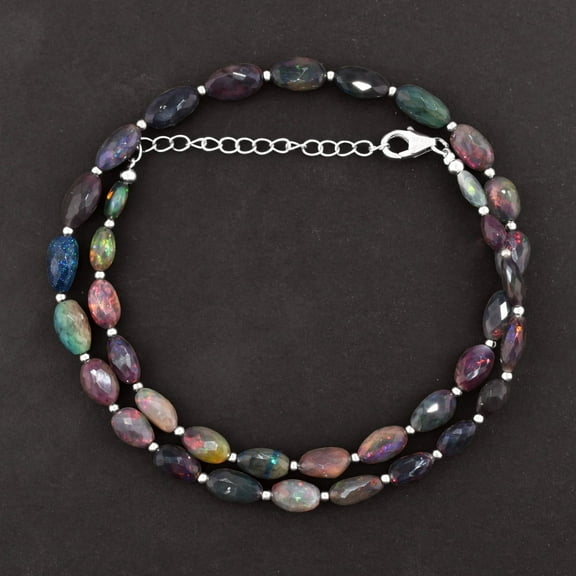 QNAVIC Natural Black Ethiopian Opal Gemstone Tumble Beads Choker Necklace, Handmade Jewelry, Healing Crystals, October Birthstone, Gift for Women, 925 Sterling Silver Jewelry 18 inch