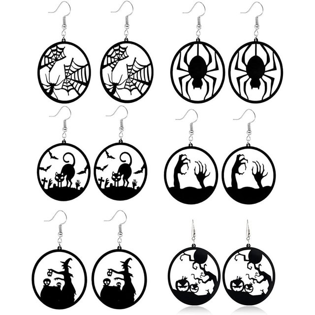 Juego de 6-10 pares de aretes de Halloween Parodia Bruja Telaraña Sangre Labios Colmillos de murciélago Dientes Calavera Fantasma Pendientes de calabaza para mujeres Niñas Regalos de fiesta de Ha