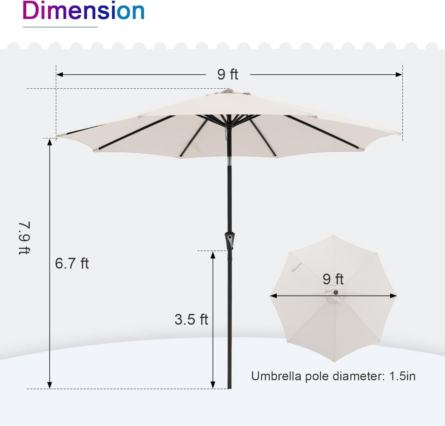 Bigleap 9FT Patio Umbrella, Market Umbrella with 8 Sturdy Ribs, Outdoor Table Umbrella for Garden, Lawn, Backyard, Pool, White