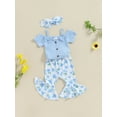 thumbnail image 4 of Musuos Baby Girls Summer 3PCS Sets 0-18Months Blue Short Sleeve Off-Shoulder Button Romper Floral Flared Pants Headband Sets, 4 of 10