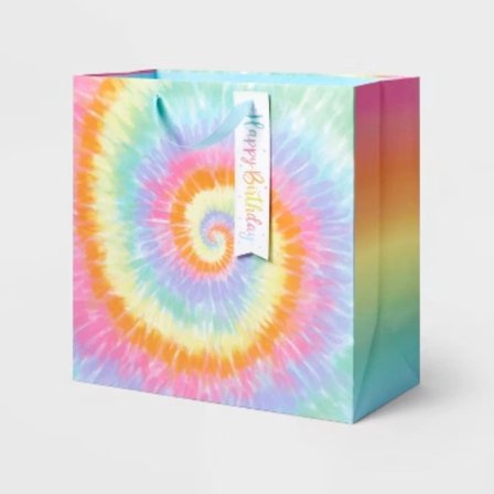 Large Square Tie Dye Birthday Gift Bag - Multicolored Abstract Birthday Bag, Medium Size, 15"x15"x8"
